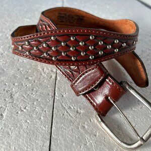 Circle Y Vintage SZ 34 Brown Leather tooled studded belt Western Handmade Old $